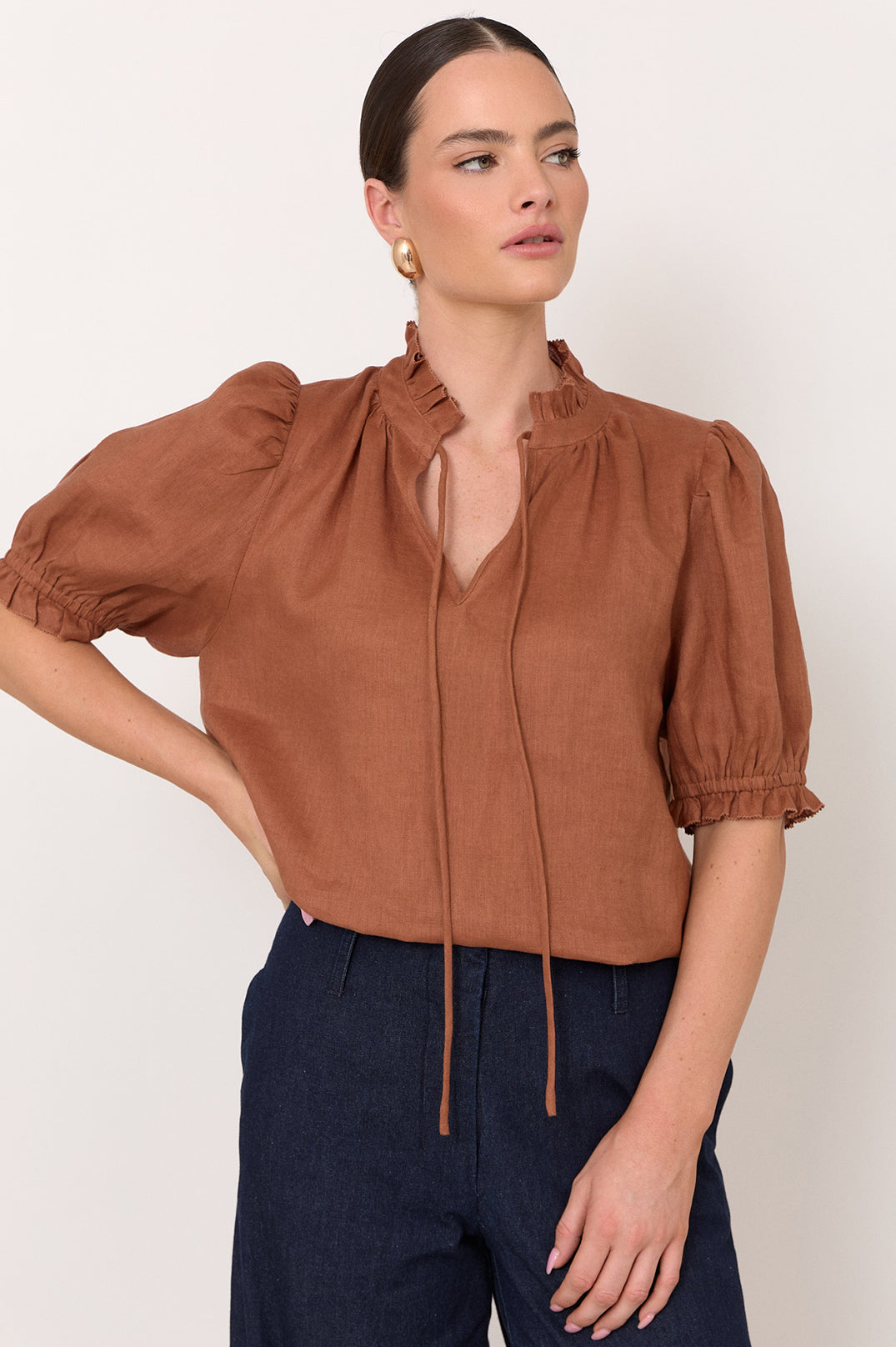 Sandra Short Sleeve Linen Top - Tan