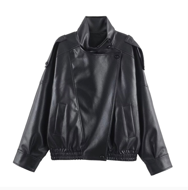 Brooklyn Asymmetrical Funnel Neck Vegan Leather Jacket, Black
