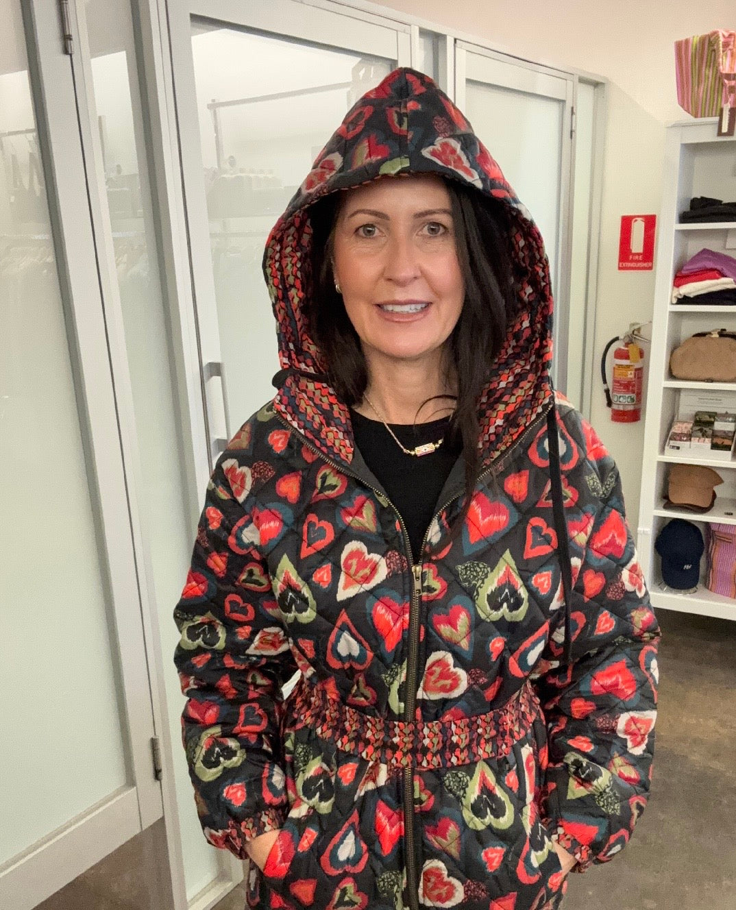 Emily Lovelock Paula Puffer coat, Black print