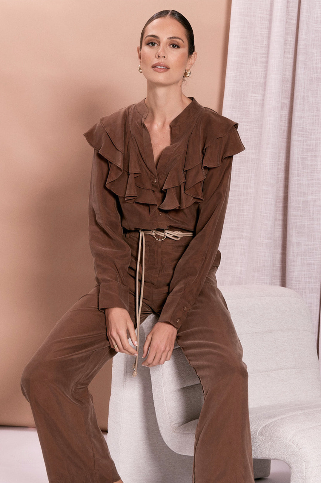 Textured Metal Ring Front Tie Belt - Camel