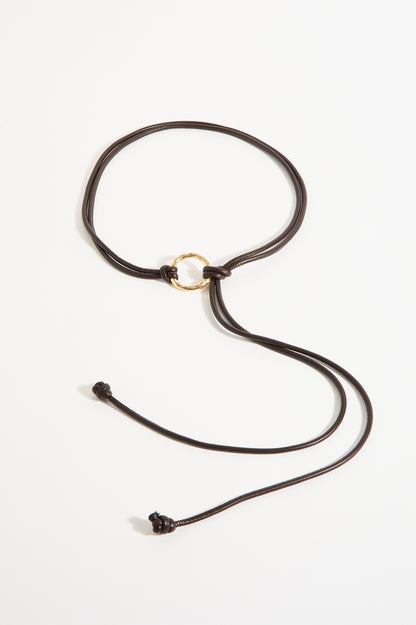 Textured Metal Ring Front Tie Belt - Chocolate