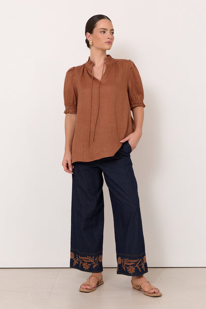 Sandra Short Sleeve Linen Top - Tan