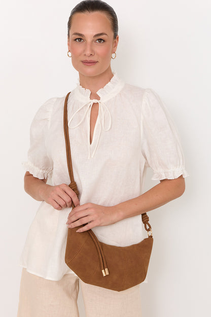 Curved Panel Faux Suede Bag - Tan