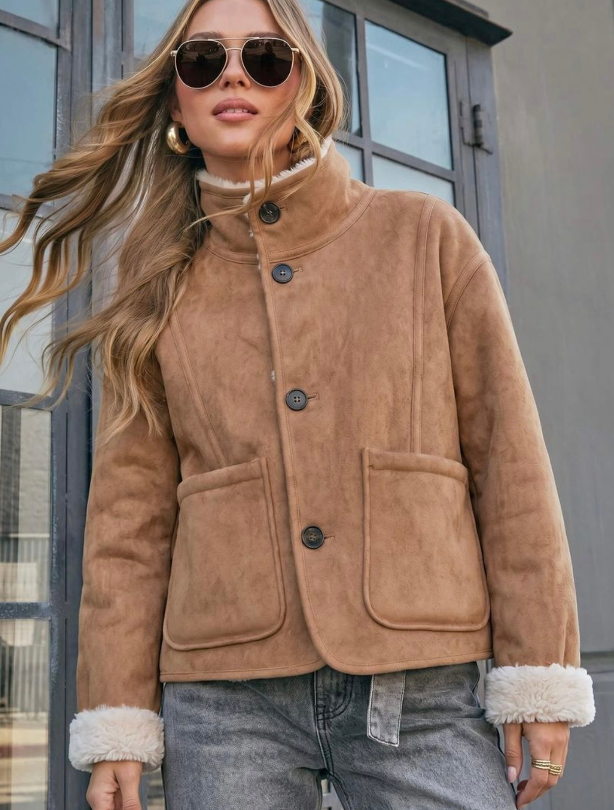 Two Way Reversble Teddy Jacket - Tan/Natural