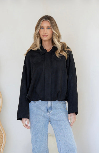 Camden Suede Zip Gather Hem Bomber Jacket , Black
