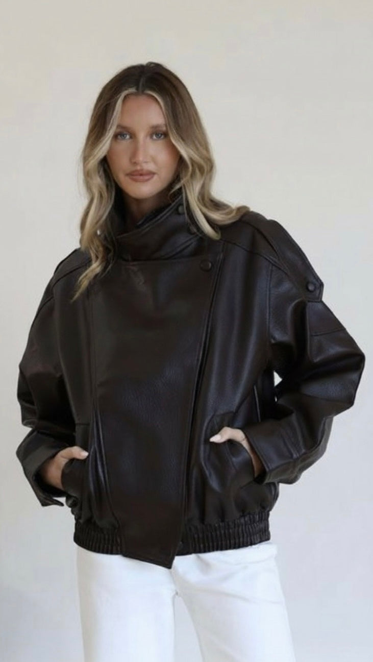 Brooklyn Asymmetrical Funnel Neck Vegan Leather Jacket, Black