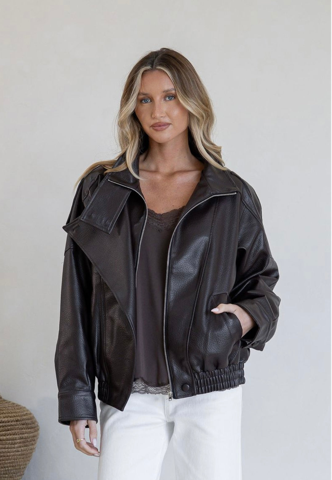 Brooklyn Asymmetrical Funnel neck vegan leather jacket