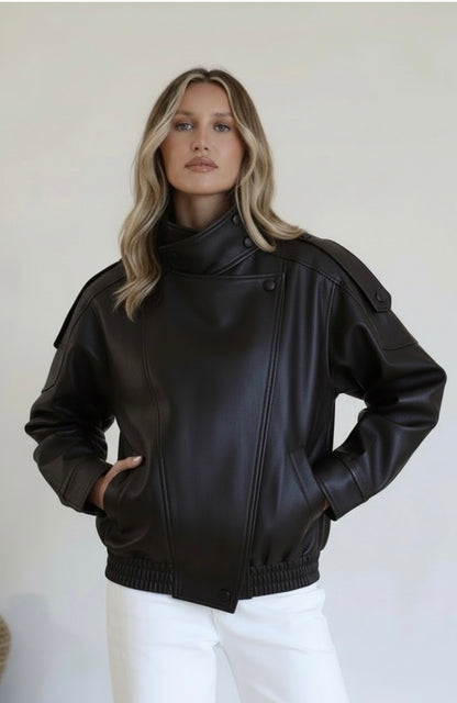 Brooklyn Asymmetrical Funnel Neck Vegan Leather Jacket, Black