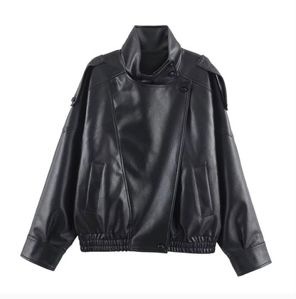 Brooklyn Asymmetrical Funnel Neck Vegan Leather Jacket, Black