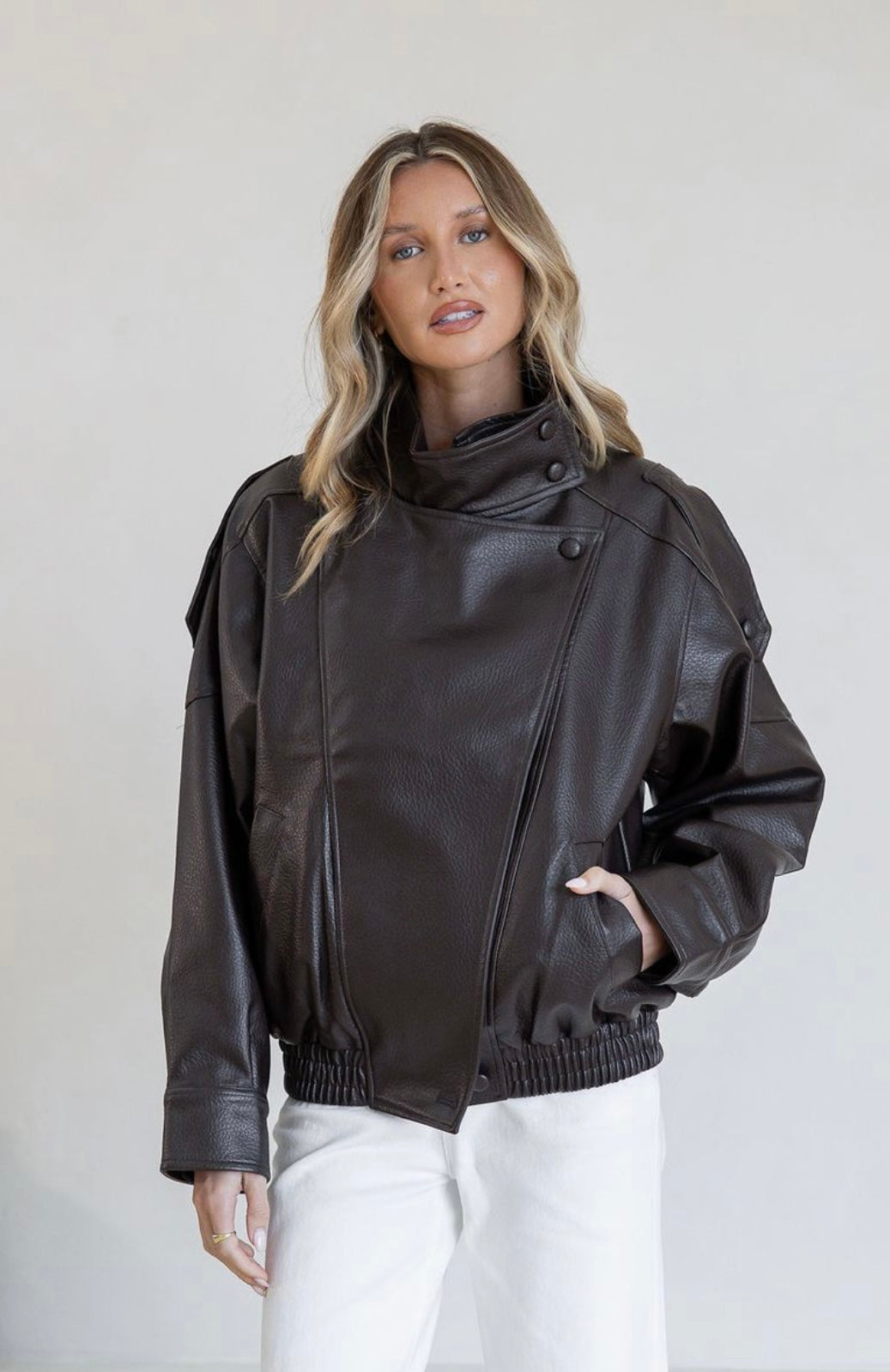 Brooklyn Asymmetrical Funnel neck vegan leather jacket
