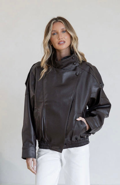 Brooklyn Asymmetrical Funnel neck vegan leather jacket