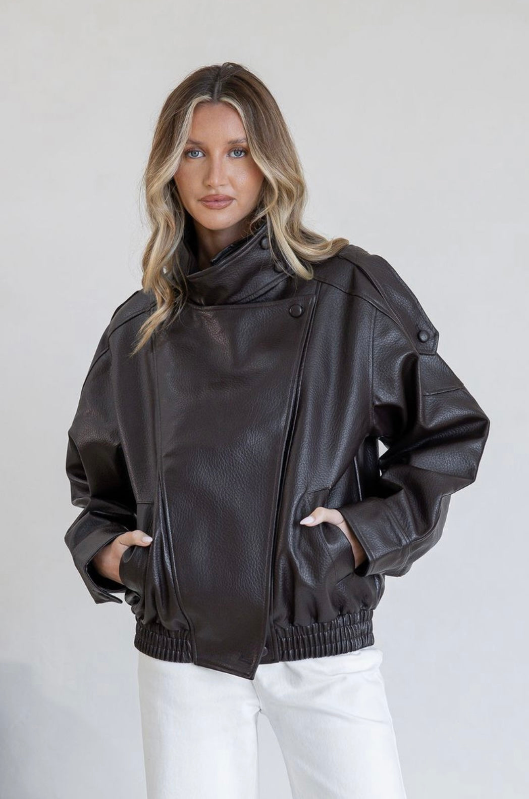 Brooklyn Asymmetrical Funnel neck vegan leather jacket