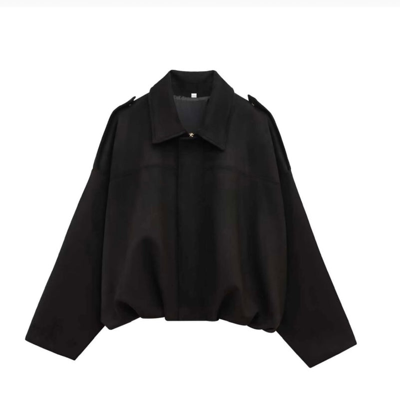 Camden Suede Zip Gather Hem Bomber Jacket , Black