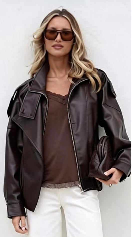 Brooklyn Asymmetrical Funnel neck vegan Leather jacket, Chocolate