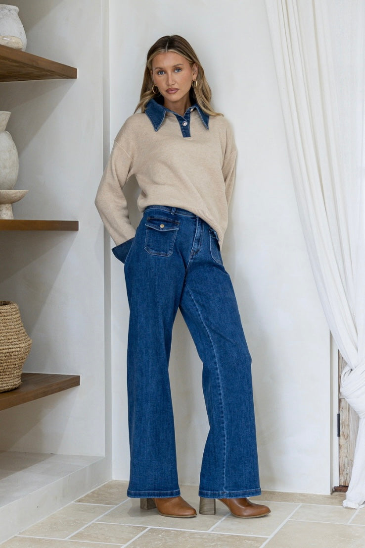 Daisy Denim trim collar knit