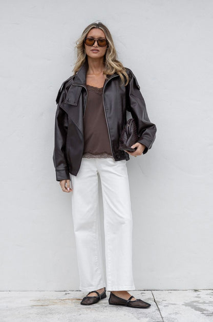 Brooklyn Asymmetrical Funnel neck vegan leather jacket