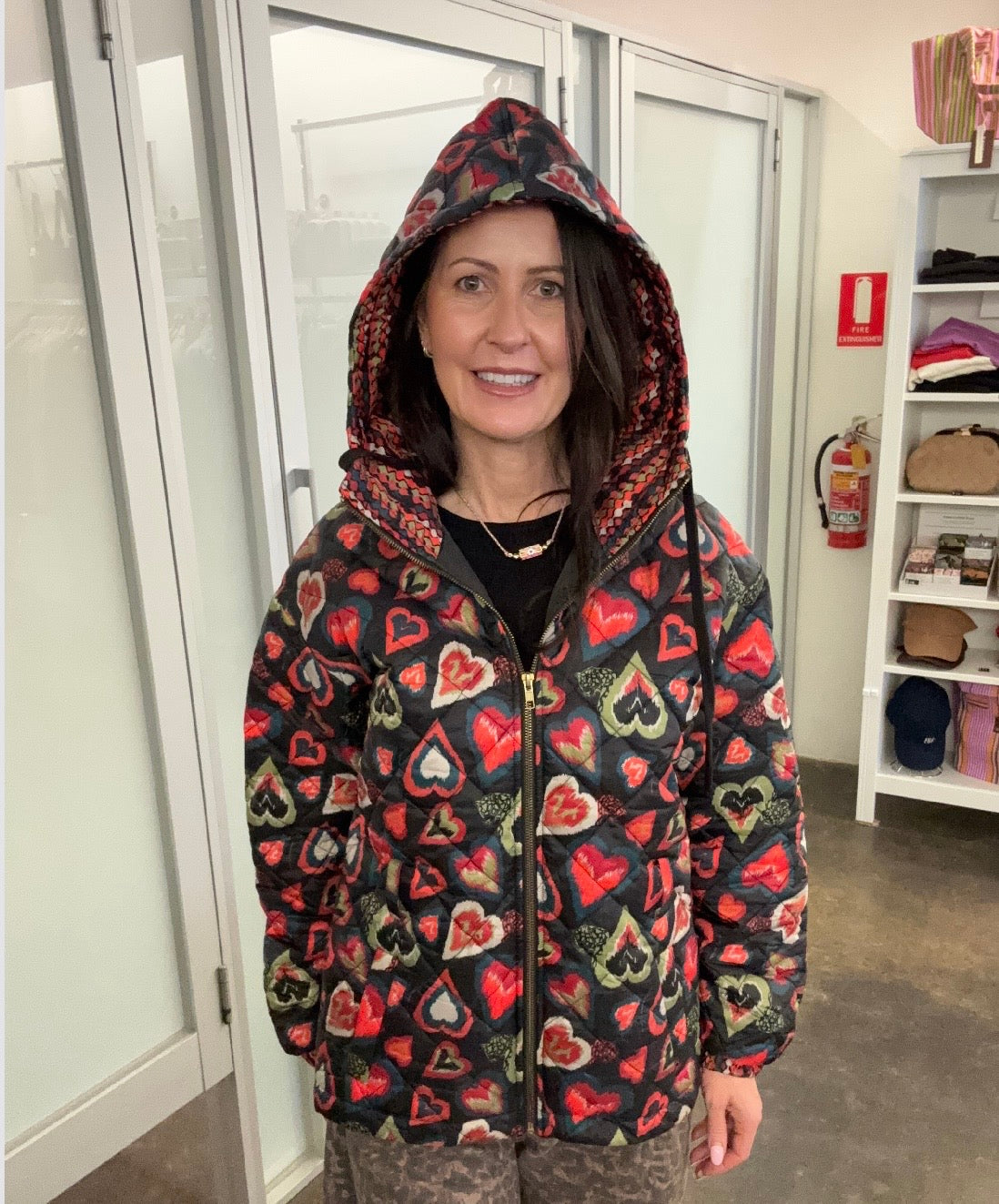 Emily Lovelock Paula Puffer coat, Black print