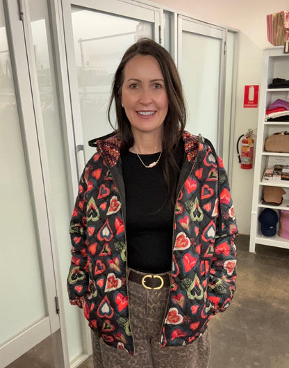 Emily Lovelock Paula Puffer coat, Black print