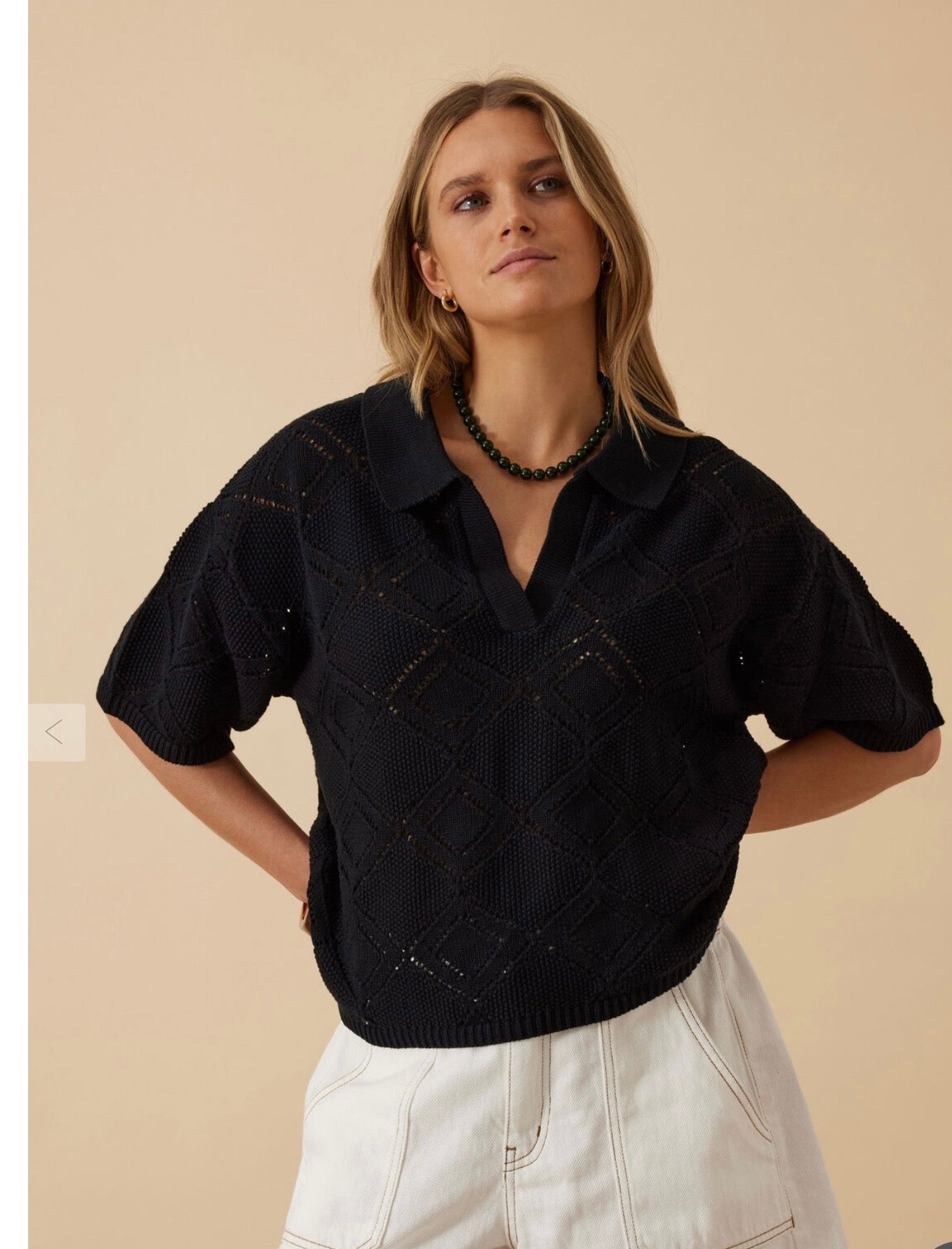 Demi Diamond Knit Collared Tee Black